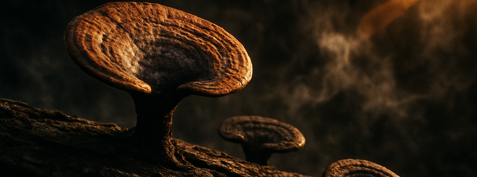 Mushrooms growing on a tree stump with a dark background